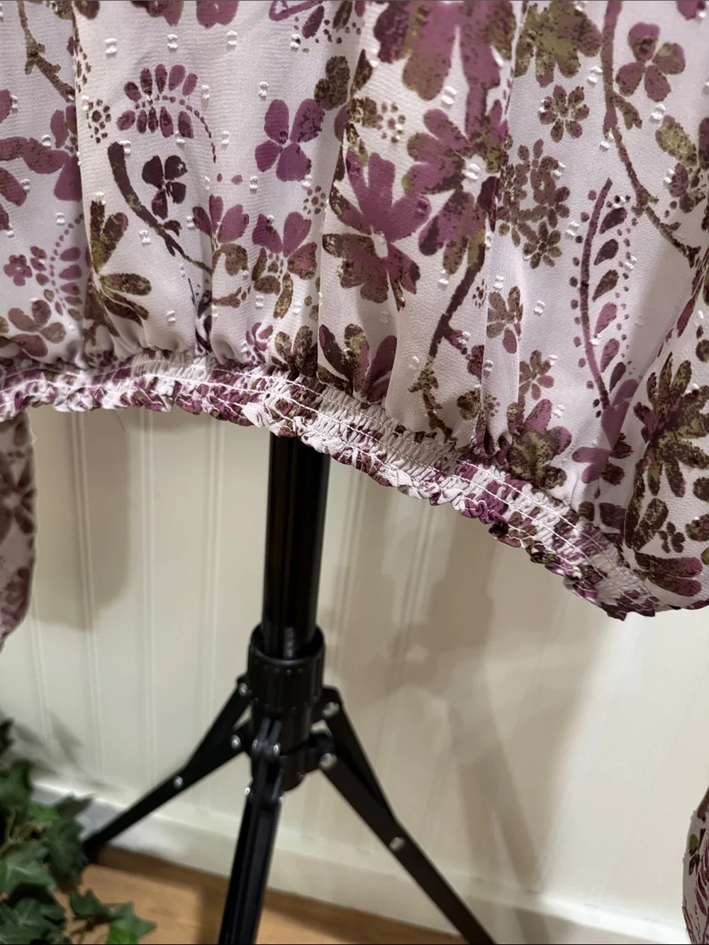 #822 FREE PEOPLE Lavender Brown Floral Smocked-Neck Puff Sleeve Blouse